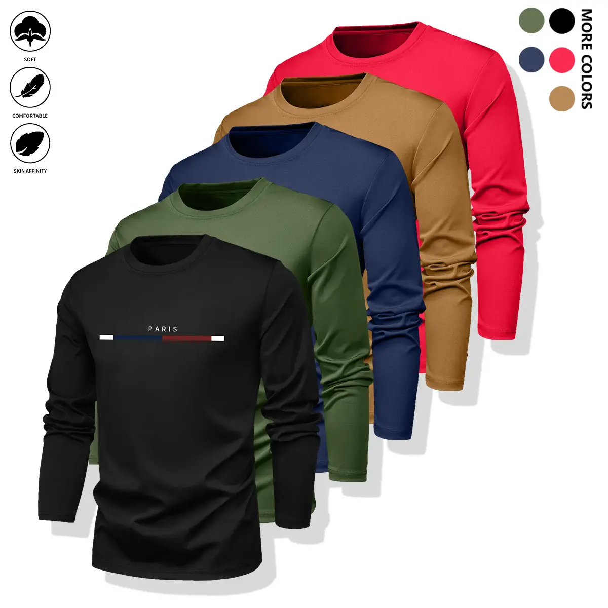 Men's Athletic Shirts 5-Pack, Solid Long-Sleeve Crewneck Performance Tops for Gym, Running & Casual Activewear, Athletic Top, Casual Workout Tops