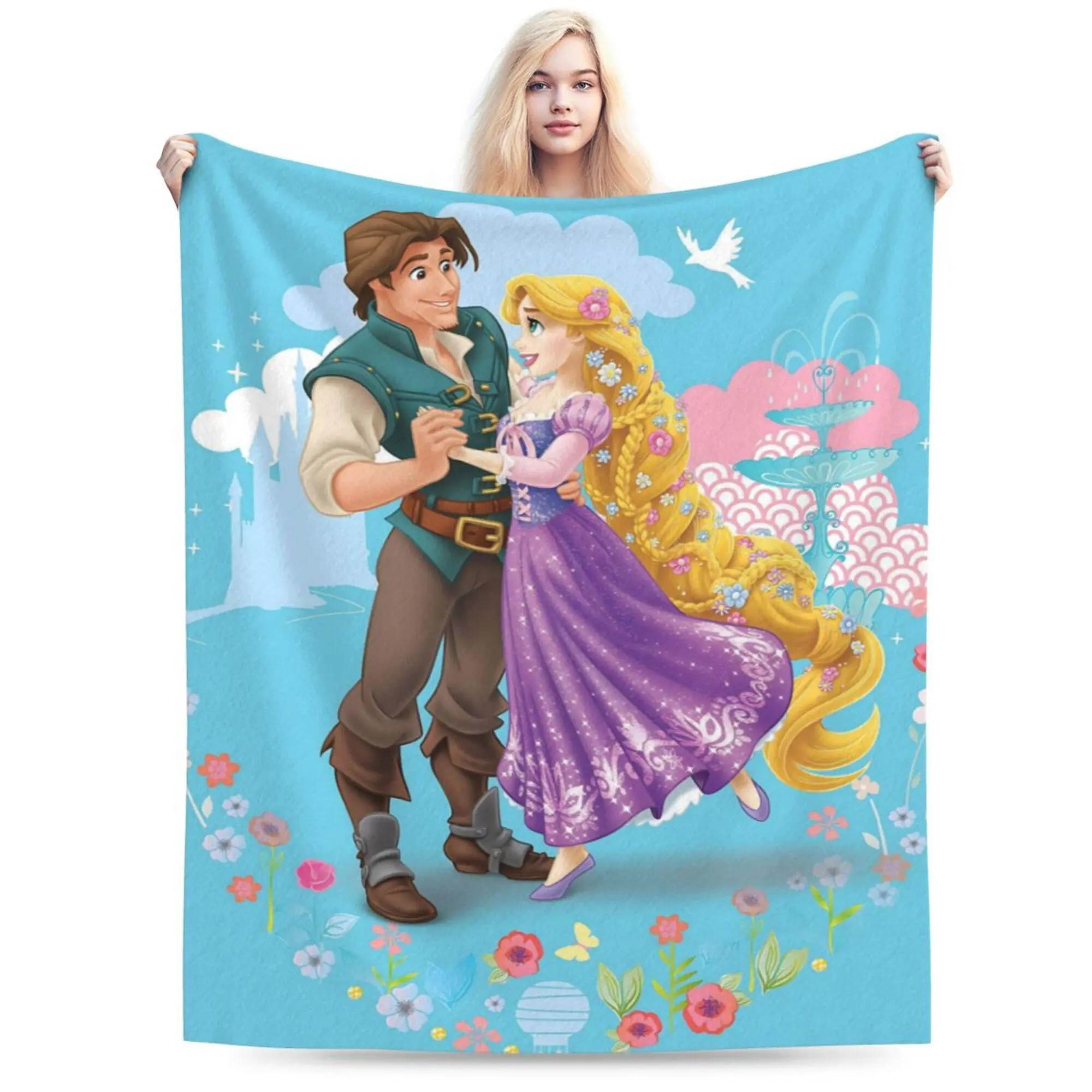 [SummerVibes] DISNEY CLASSIC Rapunzel and Flynn Rider Throw Blanket – Tangled Couple Design, Purple Dress and Castle Background, Soft Fleece Blanket for Kids, Bedroom or Gift
