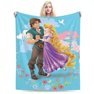 DISNEY CLASSIC Rapunzel and Flynn Rider Throw Blanket – Tangled Couple Design, Purple Dress and Castle Background, Soft Fleece Blanket for Kids, Bedroom or Gift