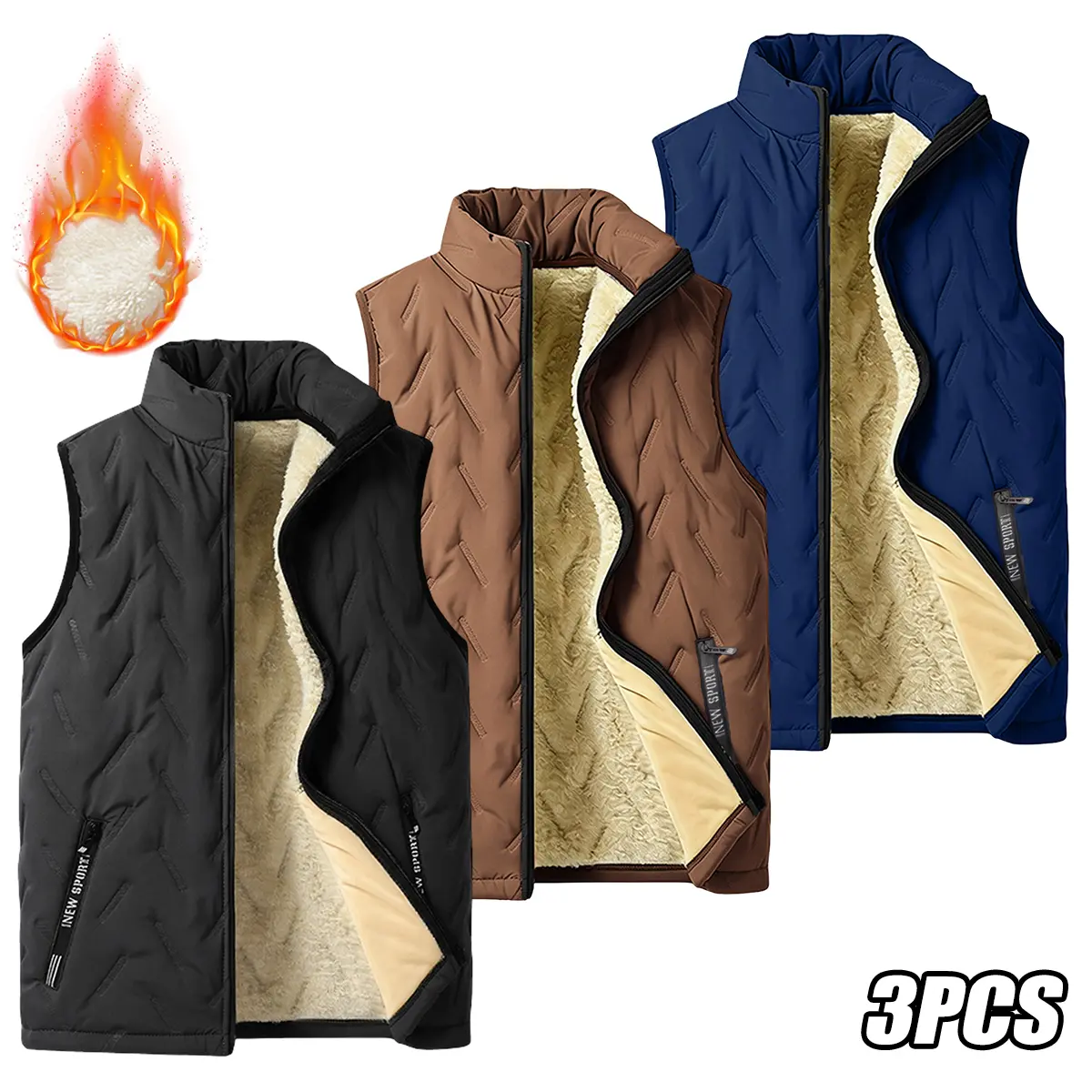 Men’s autumn/winter warm vest jacket with fleece lining, stand collar, zippered pockets, suitable for outdoor activities, keeps core body warm, non-stretch fabric, regular fit.