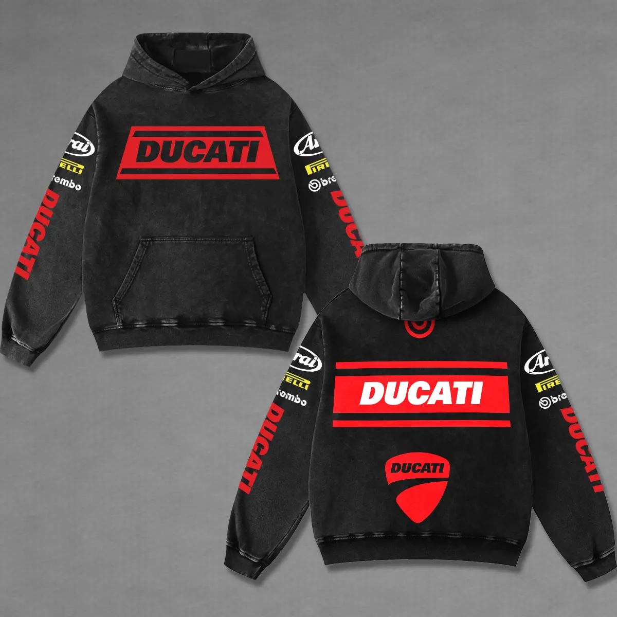 Retro Ducati Racing Washed Hoodie Vintage Motorcycle, MotoGP Graphic Merch, Acid Washed Streetwear Clothing, Unisex Dirt Bike Racing Hoodie, Vintage Motorsport Hoodie, Speed Culture Men's Wear, Designed for Biker