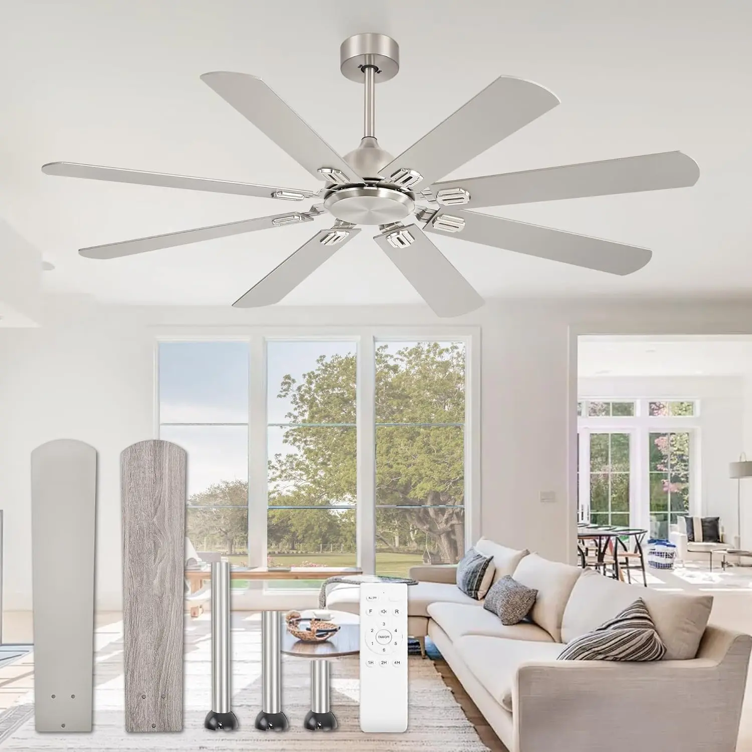 Ceiling Fans No Light with Remote, Modern Ceiling Fan Without Light,  Finish 6 , Reversible Quiet DC , 6 Speed, Large Ceiling Fan for Indoor or Outdoor (Nickel, 62 Inch)