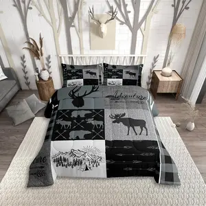Feelyou Retro Rustic Cabin Lodge Comforter Set - Hunting Deer Bear Bedroom Bedding Set, Comfy Polyester Fiber RV Camping Duvet Insert, Plaid Geometric Patchwork Decorative Bedsheet, Decorative Bedsheet Sets