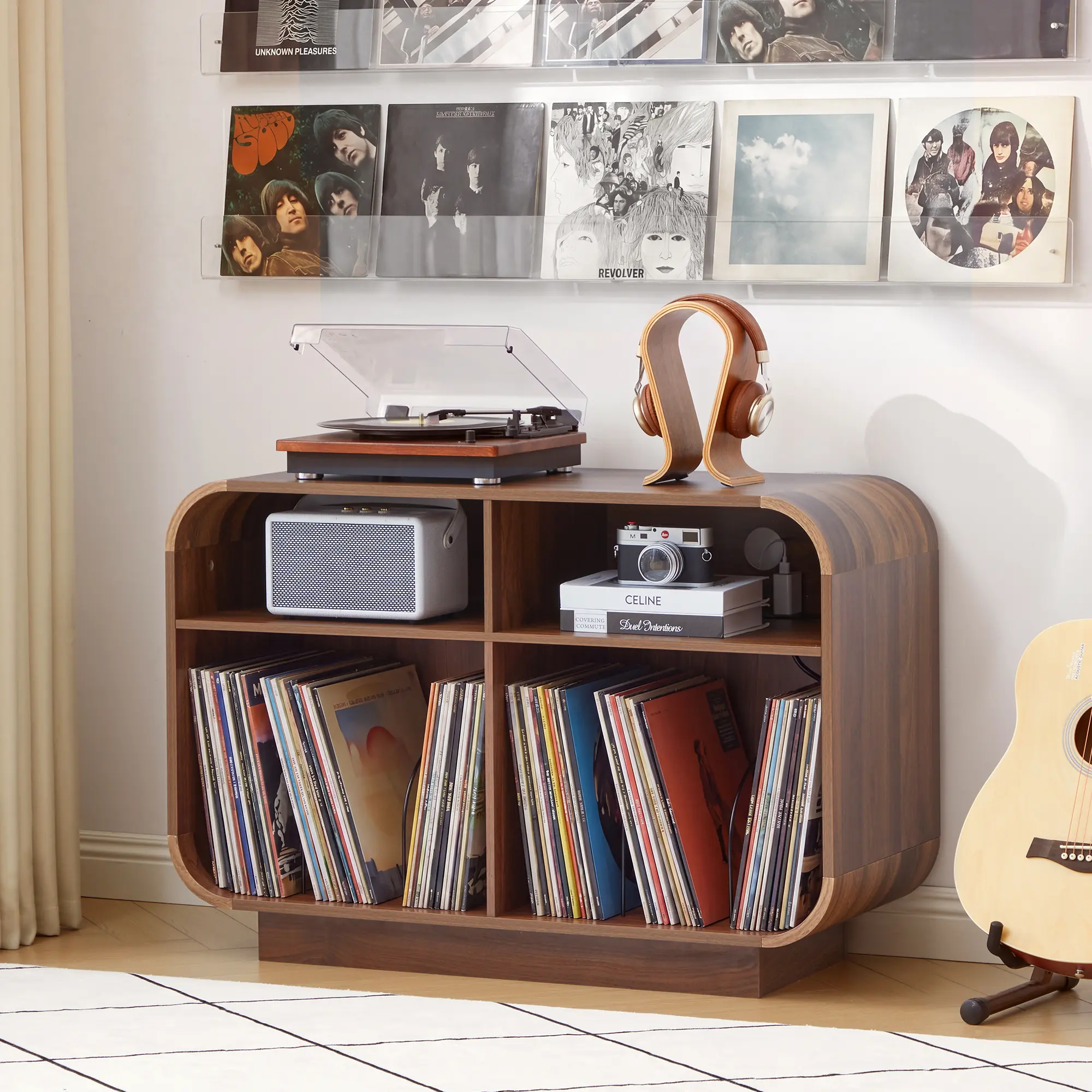 Giratree 39" Large Curved Record Player Stand with Charging Station &USB Ports | Vinyl Record Storage Cabinet, Mid Century Modern Turntable Stand Holds Up 350+ Albums for Living Room Bedroom Music Corner