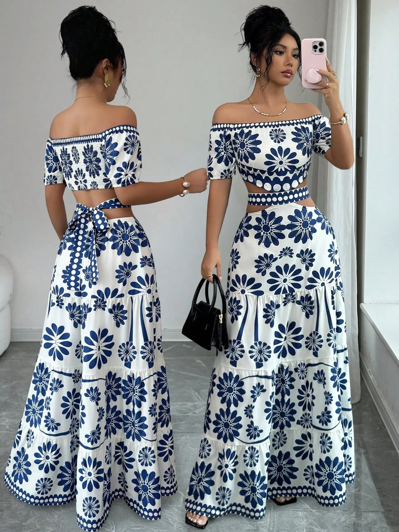 Women's Floral Off-Shoulder Short Sleeve Hollow Out Waist Fashion Dress, Tropical Vacation Women's Dress, Long Dress for Summer