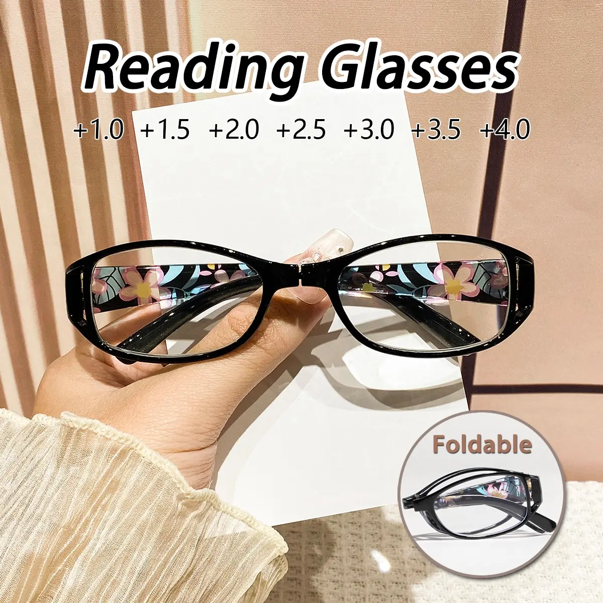 Stylish Oval Full-Frame Folding Reading Glasses for Women, Vintage Floral Design, Magnification +1.0 to +4.0, HD for Reading, Trendy Readers, Reading Eyewear, Reading Eyeglasses, High Definition Glasses