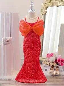 Girls' Sequined Dress with Large Bow, Off-Shoulder Slim Fit Mermaid Tail, Perfect for Parties, Elegant Long Evening Gown