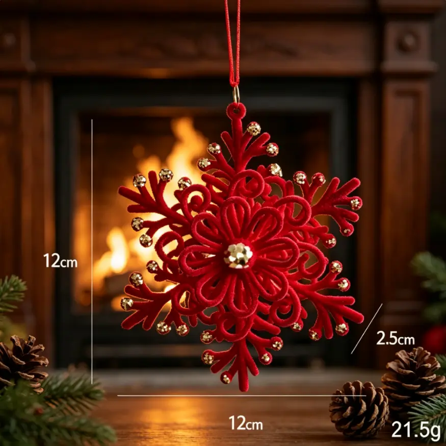 Red Flocked Snowflake Pendants - Christmas Tree Hanging Ornaments, Home Holiday Party Festive Decor