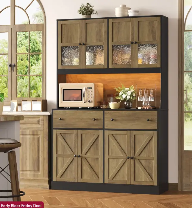 FOTOSOK 71" Pantry Cabinet with LED Light and Charging Station, Wide Kitchen Pantry Cabinet with Microwave Stand Modern Pantry