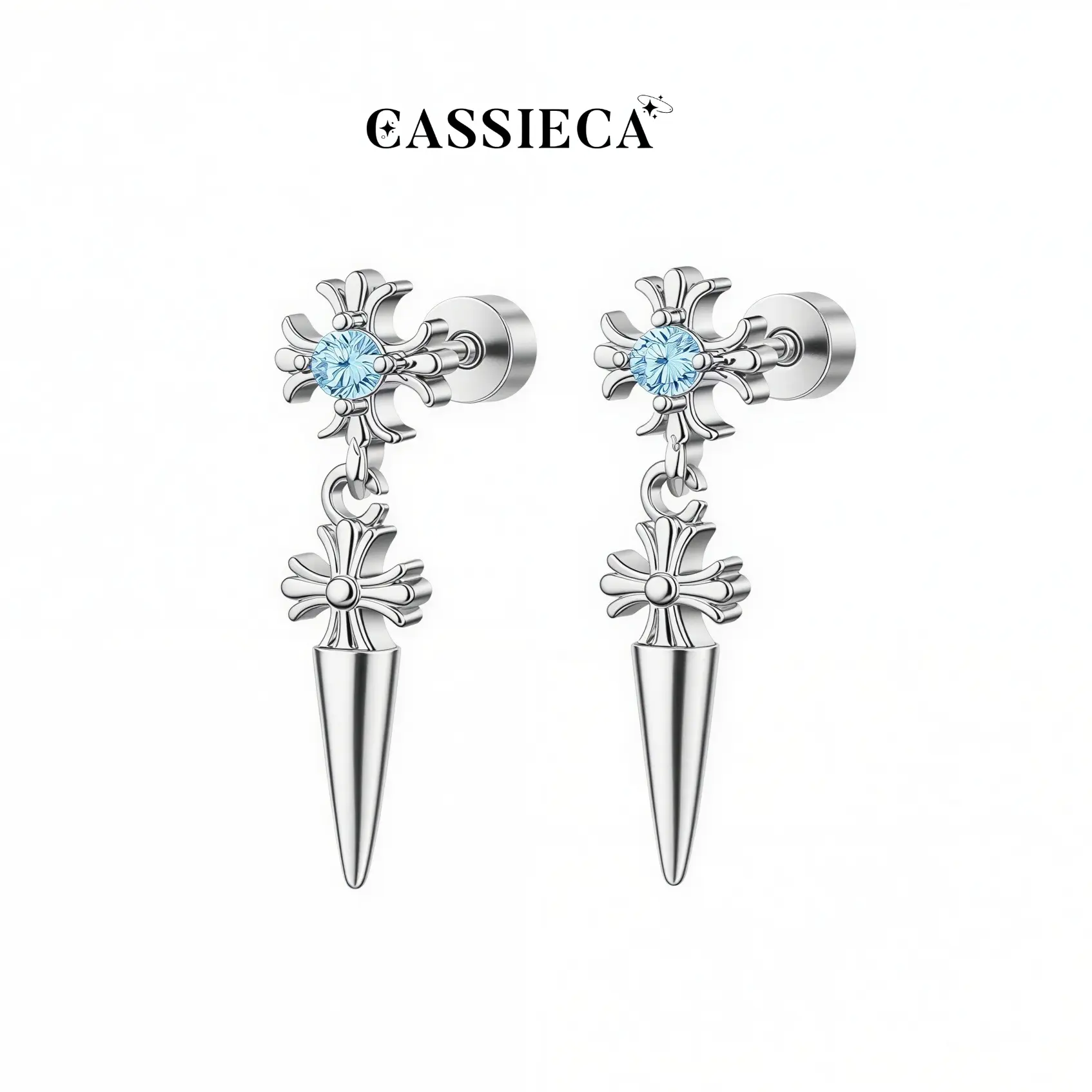 CASSIECA 1-Pair Gothic Cross Dangle Stud Earrings - Surgical Steel Rockstar Men's Earrings, CZ Cross Ornament Statement Jewelry, Summervibes Gift for Women