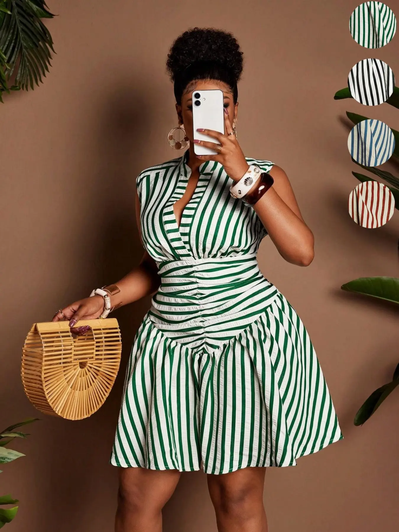 Plus Size Striped V Neck Sleeveless Short Mini Dress, Waist Cinch Pleated a Line Skirt, Summer Casual Feminine Chic Women's Fashion Casual Wear
