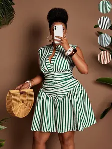 Plus Size Women's Striped V Neck Sleeveless Dress, Waist Cinched a Line Short Skirt, Summer Casual Fashion, Casual Wear