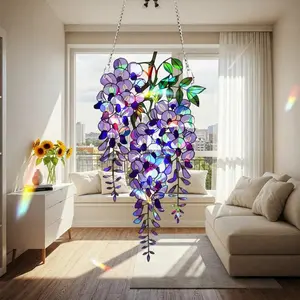 Wisteria Acrylic Hologram Suncatcher, Purple Floral Window Hanging, Stained Glass Style Flower Decor, Rainbow Light Catcher Ornament