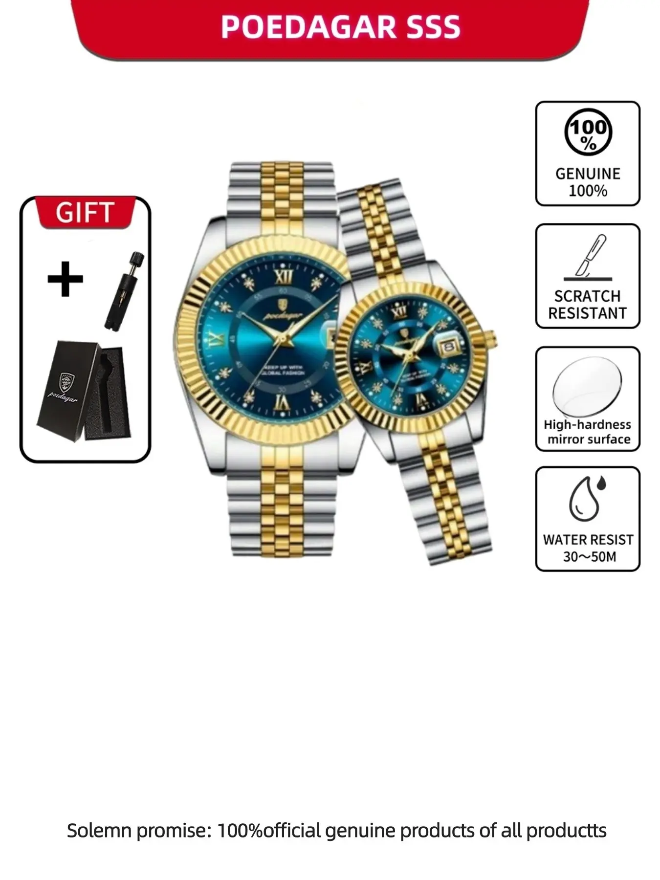 POEDAGAR Classic Luxury Couple Quartz Watch Stainless Steel Date Couple Watch Modern Waterproof Watch Waterproof Night Light Fashion Watch Fashionable Waterproof Watch Fashionable Stylish Watch Quartz Analog Watches