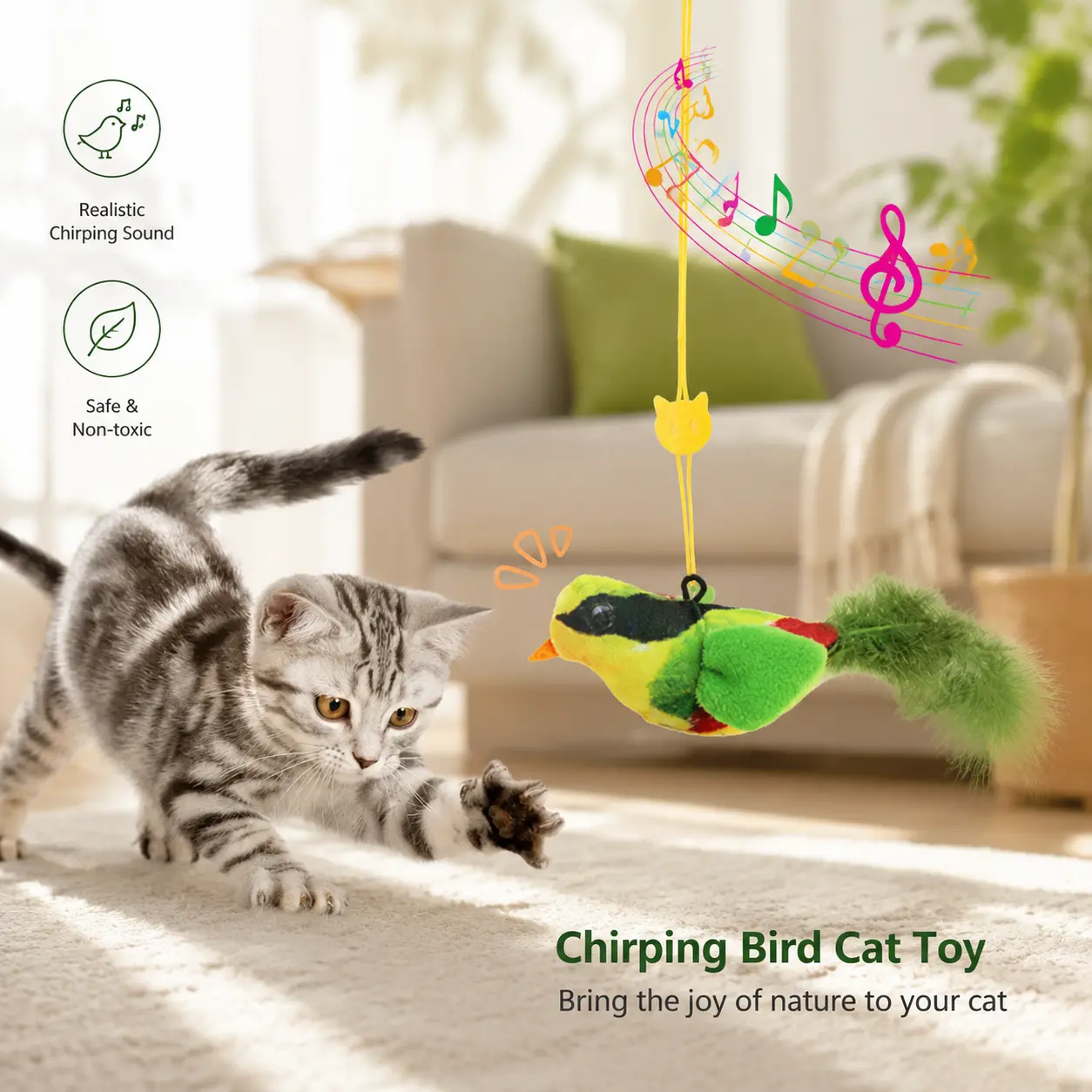 Interactive Cat Toy, Electronic Chirping Bird Cat Toy, Sound & Touch Activated Kitten Teaser with Lifelike Standing Bird Design, Fluffy Feathers, Stress Relief Toy for Indoor Cats, Birthday Gift