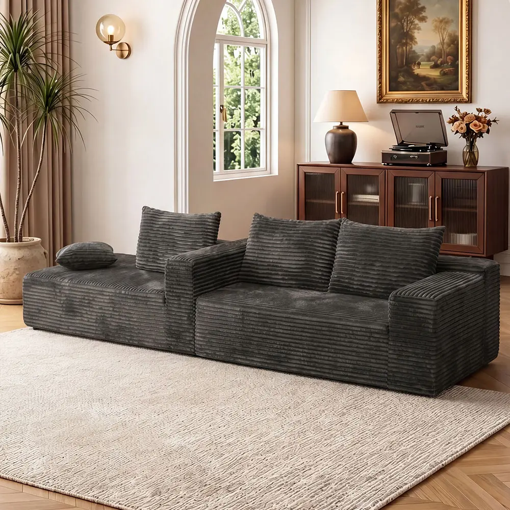Modular L-Shaped Corduroy Sectional Sofa with Fixed Arms - Cotton, Extendable Convertible Block Couch, Vacuum-Compressed Free-Combination Space-Saving Corner Sofa for Living Room Small Space