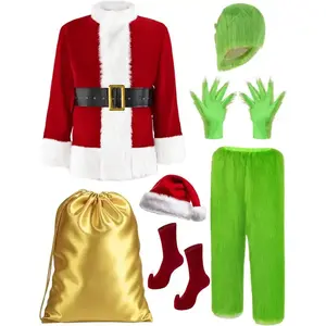 Men's 7-Piece Deluxe Plush Santa Claus Costume Set Red & Green Christmas Outfit Fluffy Jacket Pants Hat Gloves Boots Golden Bag Complete Party Costume for Christmas Halloween New Year Adult Themed Event Holiday-y Menswear Clothes
