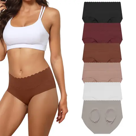 LEVAO Lady's 6-Pack Multicolor Basic Cotton-Spandex-Polyester Underwear - Seamless, Smooth, No-Show, Mid-Waist Briefs, Foldable, Wave Edge, Label-Free, Plain, Fashion Breathable Soft Breathable Knicker Panties