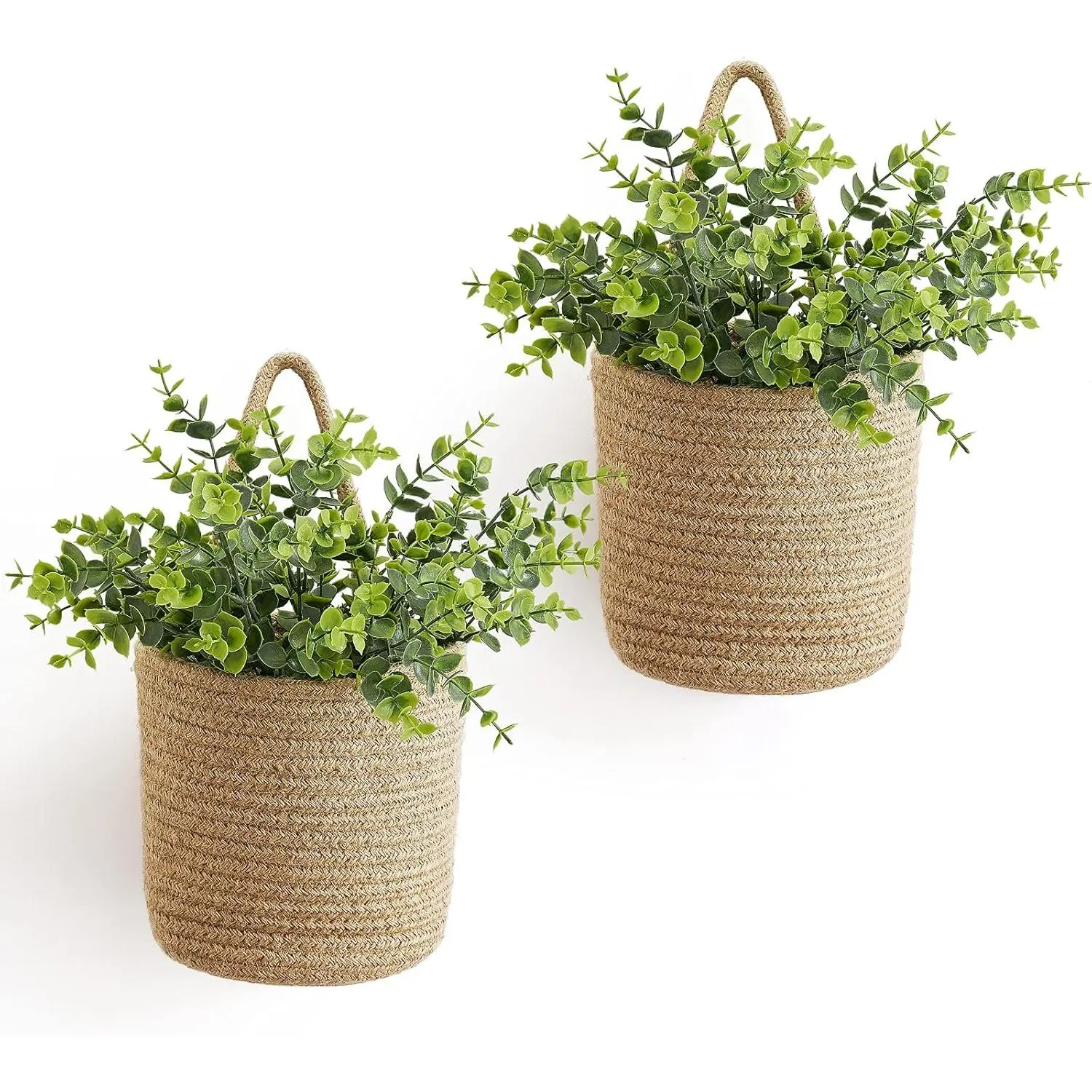 Home Supplies 2-Pack Rustic Woven Rope Storage Organizer Baskets with Handle, Synthetic Eucalyptus - Farmhouse Plant Decor for Balcony Garden, Living Room