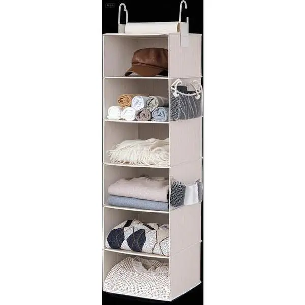 6-Shelf Fabric Closet Organizer with Hanging Shelves, Space-Saving Storage Solution for Bedroom, Beige White Ivory Mix, 12" Deep x 12" Wide x 47.5" Tall, Reusable Foldable Design