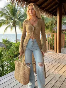 Women's Casual Slim Fit V Neck Long Sleeve Knit Bell Sleeve Cardigan, Spring Summer Fashion, Argyle Pattern, Contemporary Style, Knitwear, Womenswear