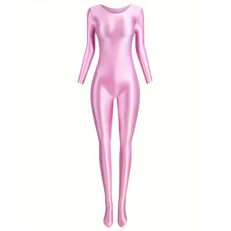 Pink Shiny Long Sleeve Bodysuit - Full-Body Party Leotard, Stretchy Nylon & Spandex Blend, Semi-Sheer Knit Fabric, Form-Fitting Jumpsuit for Adults