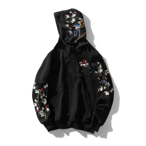 Kh9083 Niepce Black Japanese Streetwear Embroidered Bird Hoodie