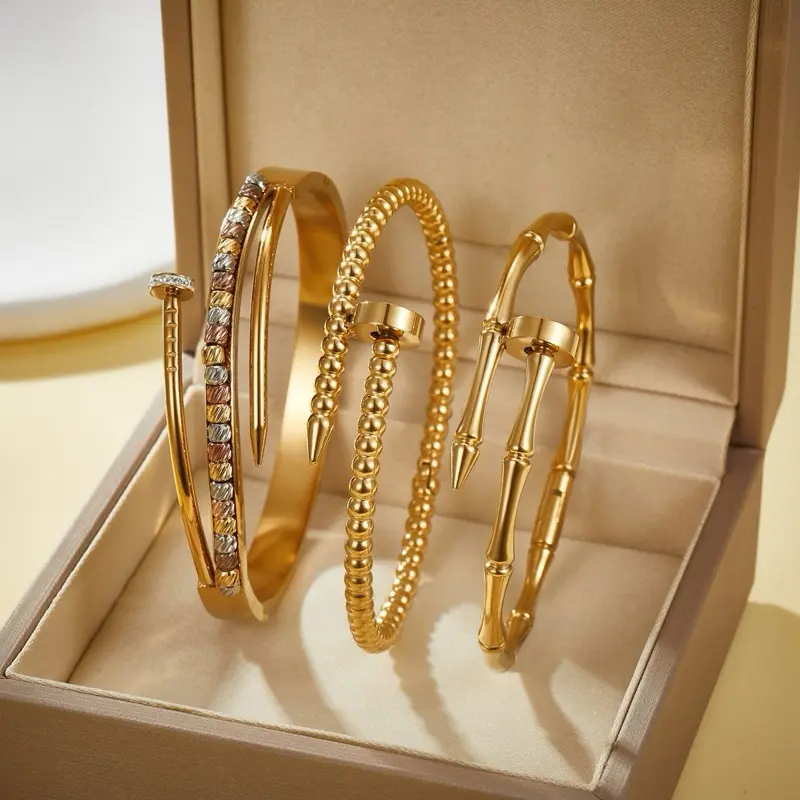 Bamboo Tube Bangle Bracelet, 18K Gold PVD-Plated Titanium Steel Jewelry