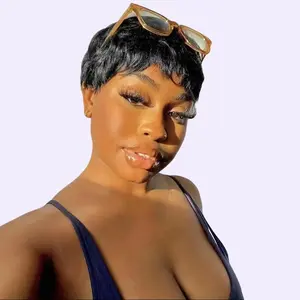 ShowReal Seven Styles Short Pixie Cut Wig Natural Black Brown Golden Burgundy Color Straight Curly Wave Wavy Pixie Wig Human Hair