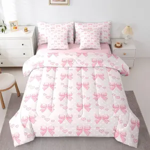Cartoon Bow Comforter Set with Sheets 7 Piece Bowknot Bed in a Bag Kids Boys Girls Polka Dot Bedding Set Pink Heart Pattern Bedroom Decor Breathable Soft Lightweight Microfiber