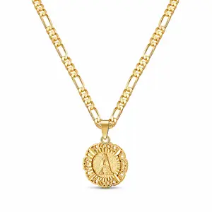 14K Gold Plated Initial Necklace, Round Letter Pendant A-Z, Unisex Figaro Chain Jewelry Gift