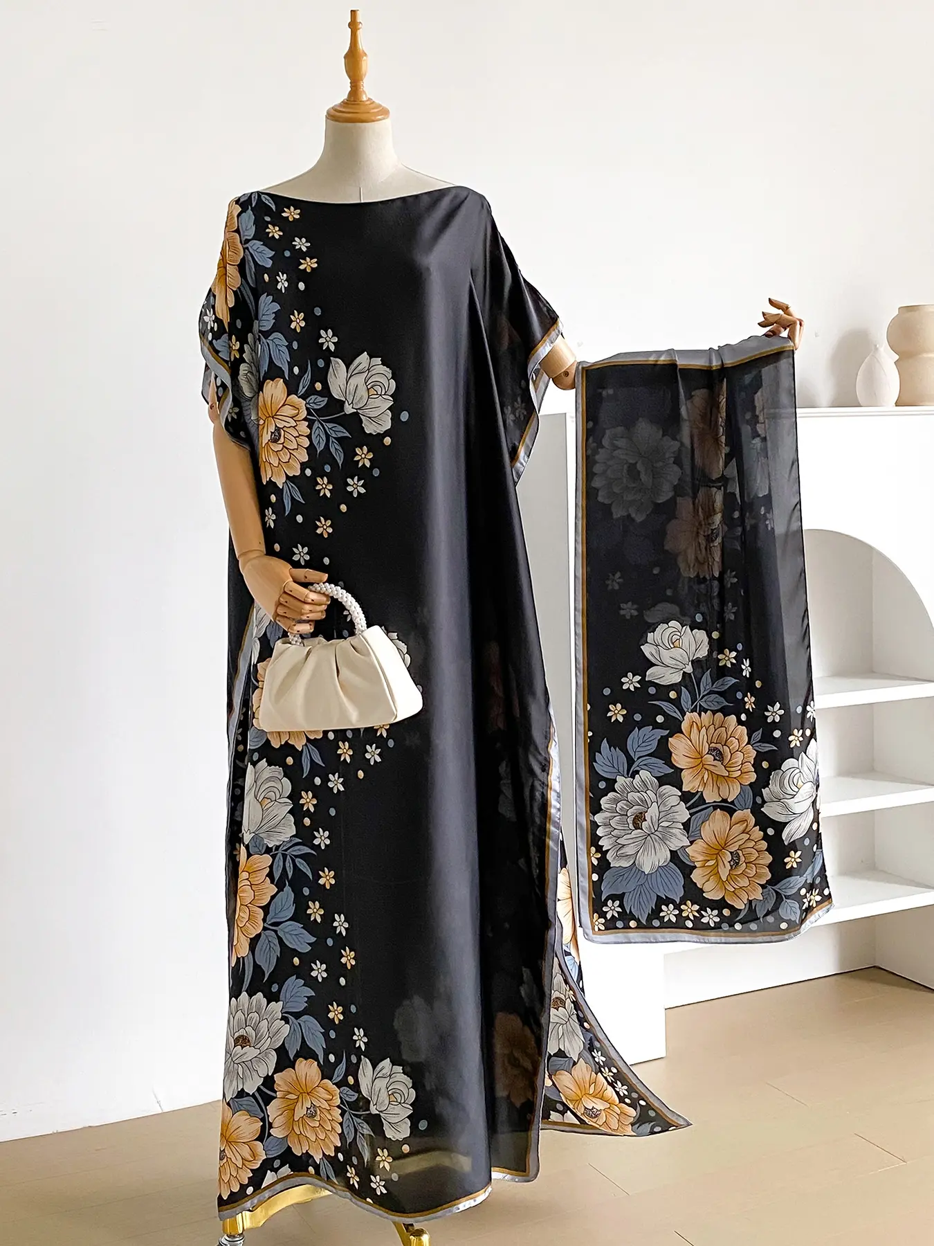 Elegant Chic Women's Floral Print Maxi Dress Set with Scarf Shawl Wrap, Lightweight Casual Woven Fabric, Beach Decoration, Sun Protection, Daily Wear, Outdoor