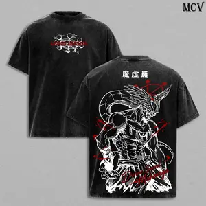 Mahoraga Tee Washed – JJK Anime Retro Washed Acid Washed Heavyweight Pure Cotton Oversized Print T-Shirt, Double-sided Print Dark Fantasy Anime Comic Streetwear, Retro Unisex Soft Pure Cotton Clothing, Jujutsu Kaisen Fan Gift