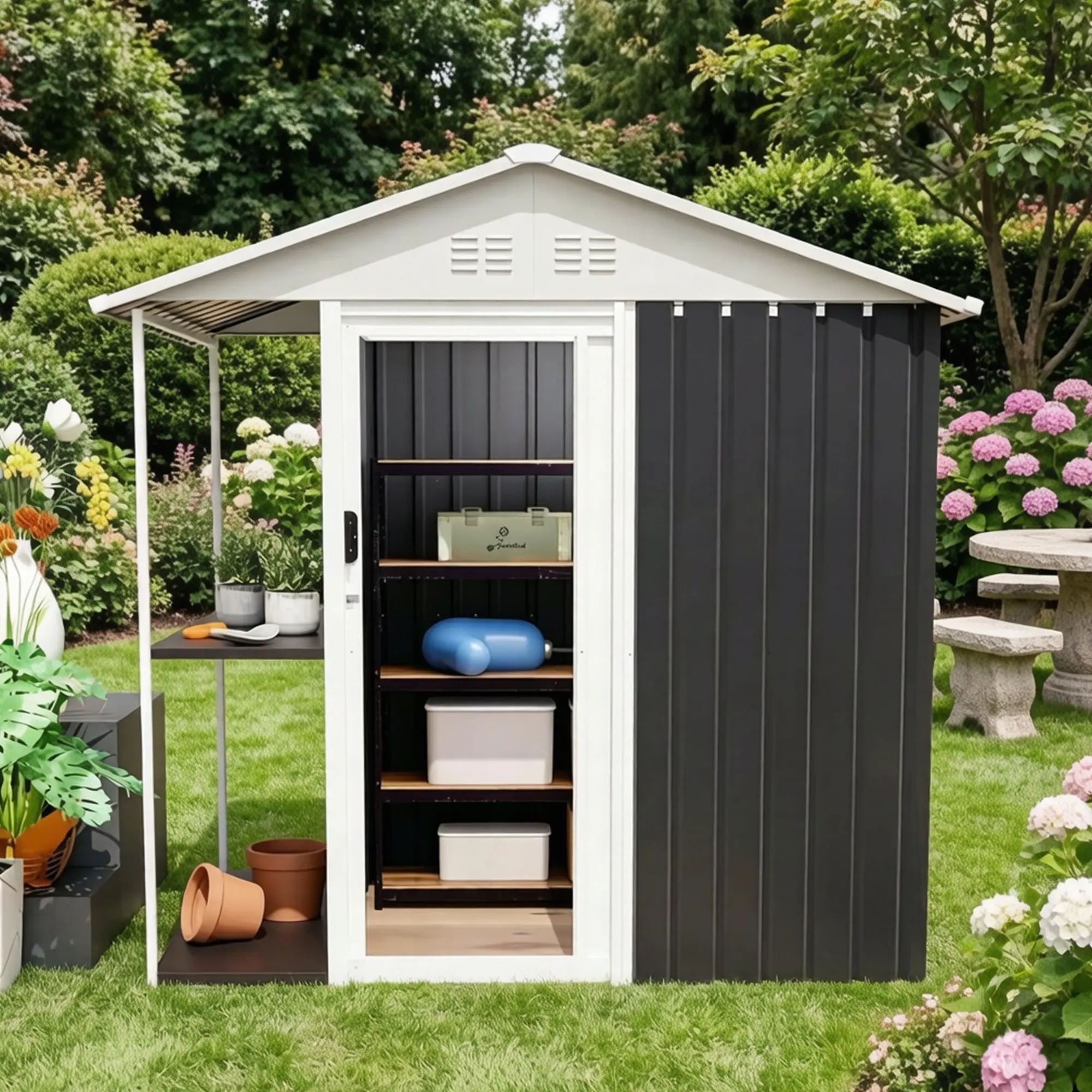 6 x 4 FT Outdoor Metal Storage Shed Garden Shed with Side Storage Rack Suitable for Garden Bike, Waterproof Shed,Tool Metal Storage Shed for Backyard, Patio