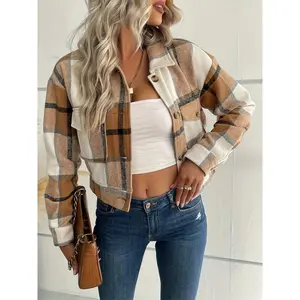 Long Sleeve Flannel Cropped Shacket Plaid Button Down Shirt Jackets For Women With Lapel Pockets Casual Womenswear