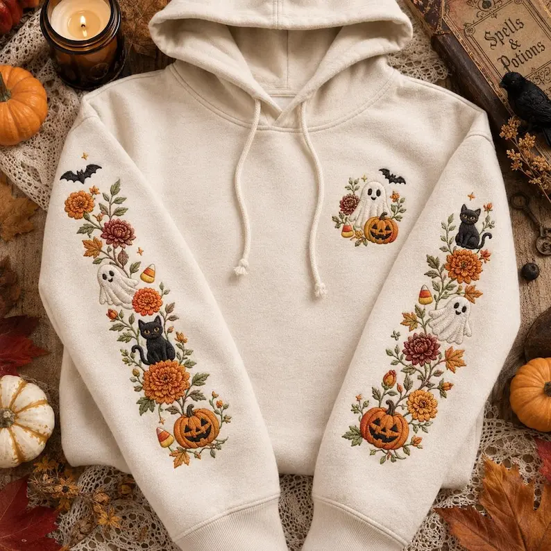 Spooky Floral Ghost Hoodie, Halloween Embroidered Hoodie, Black Cat Pumpkin Hooded Sweatshirt, Fall Floral Pullover