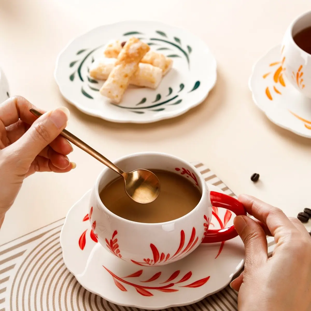 Creative Coffee Cup Set, 6-Piece Includes 2 Cups, 2 Saucers, 2 Spoons, Dishwasher Safe, coffee cups gift, Ideal for Home, Restaurant, Cafe, Afternoon Tea, Beverage Cup Set