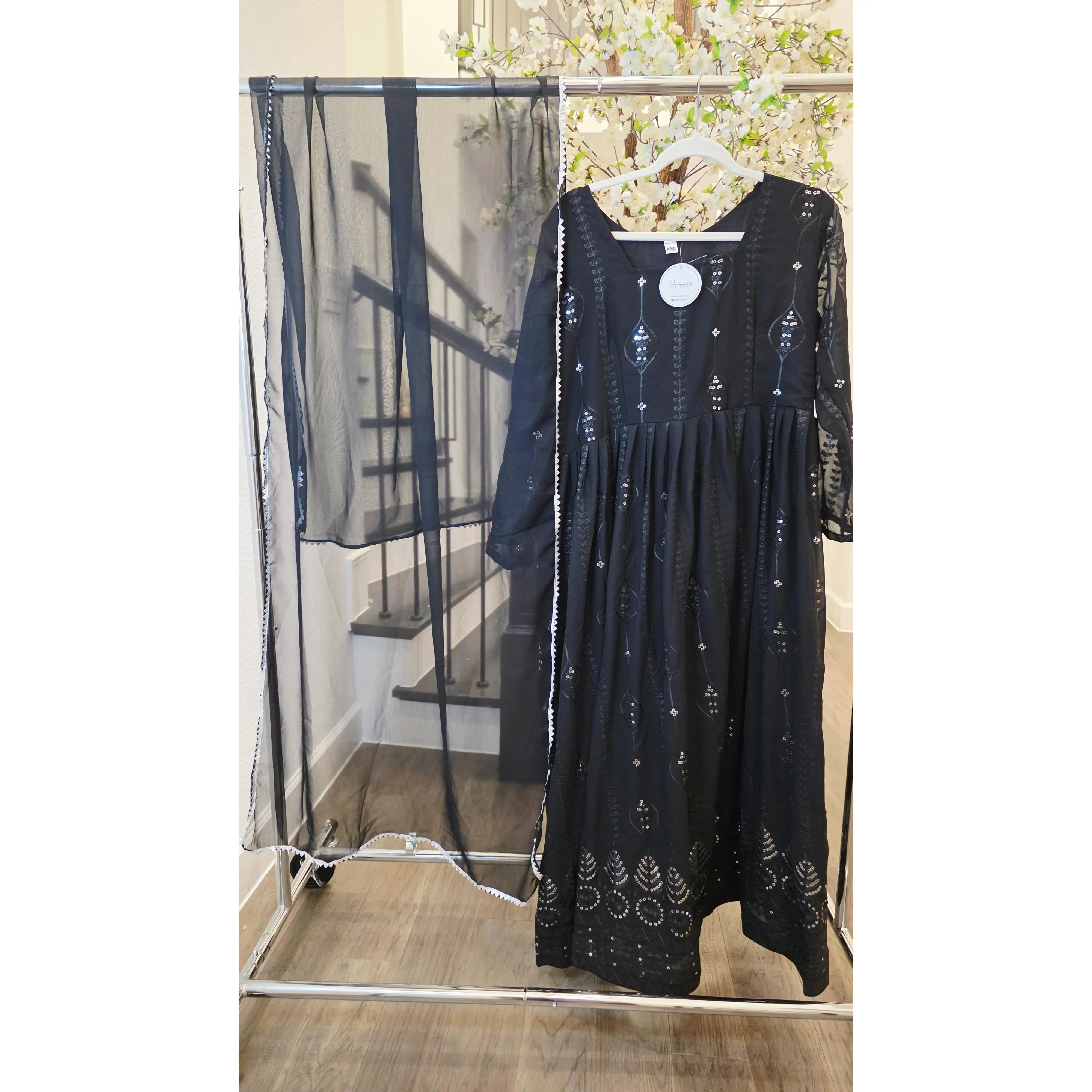 Reyavogue Women's Black Sequin Partywear Kurti with Dupatta