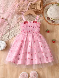 Girls' Summer Wide Strap Ruched Mesh Casual Dress, Cute Dress, Stylish and Comfortable, Perfect for Daily Wear, Trendy Kids Fashion