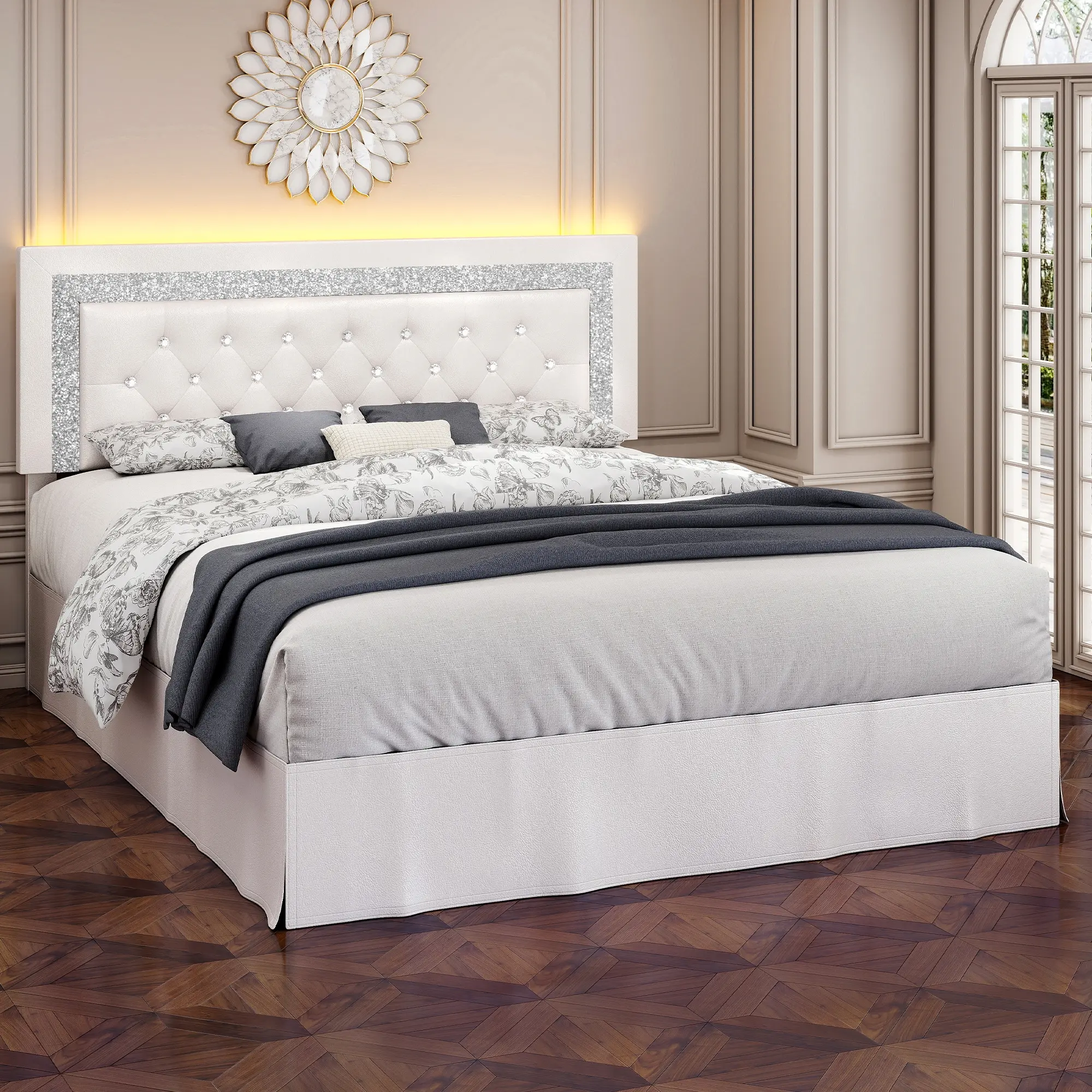 [Summerwins] SIBEDS Diamond Upholstered Bed Frame,Furniture with Adjustable Headboard, Modern Princess Style Queen Bed Frame, LED Lights, Skirt, Crystal Button Tufting, Wooden Slats Foundation, Easy Assembly ,Black/White/Grey