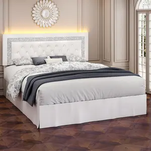 SIBEDS Diamond Upholstered Bed Frame with Adjustable Headboard, Modern Princess Style Platform Bed with LED Lights and Skirt, Crystal Button Tufted Foundation with Wooden Slats, Easy Assembly, Black/White/Grey