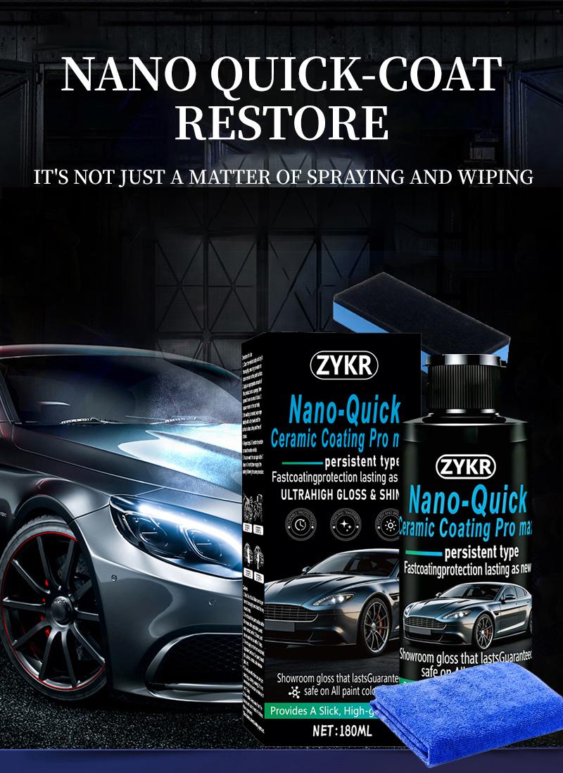 ZYKR Nano-Quick Ceramic Coating Pro MAX  for automobiles, featuring advanced ceramic technology for dust-proof glass effect and lasting luster. 180 ml.