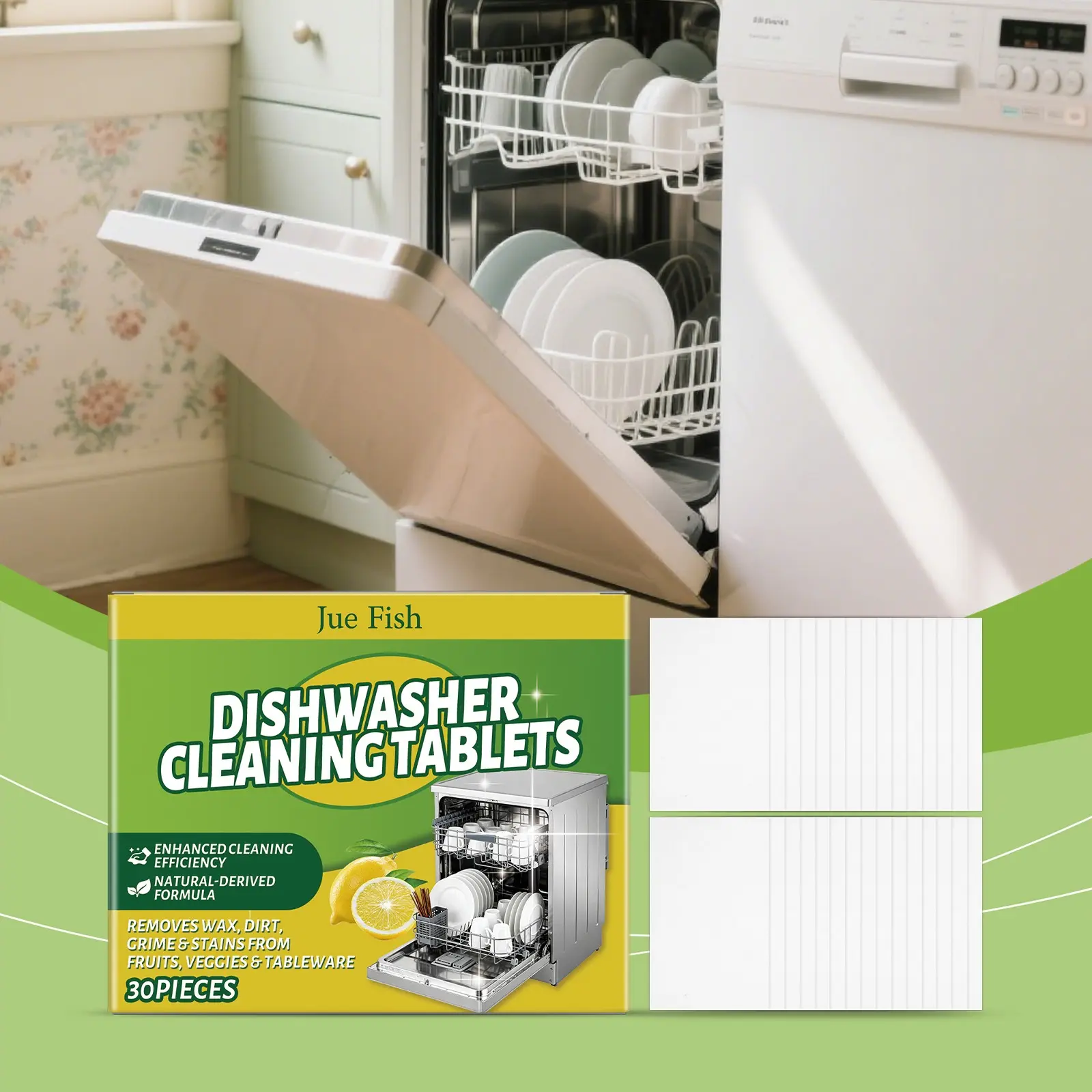 Jue Fish Dishwasher Cleaning Tablets, Oil Stain Removal & Descaling Effervescent Tablets, Special Cleaner for Household Dishwashers