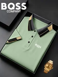 Men's Classic Bqss Print Polo Shirt, Elastic Casual Breathable All-Season Wear, Comfortable Durable High-End Fitted Design