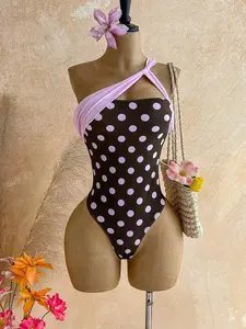 Polka Dot  Summer Vacation Outfits Women Elegant Women's Beach Swimsuit Women's Summer Beach Vacation Polka Dot Print Contrast Color One-Piece Swimsuit