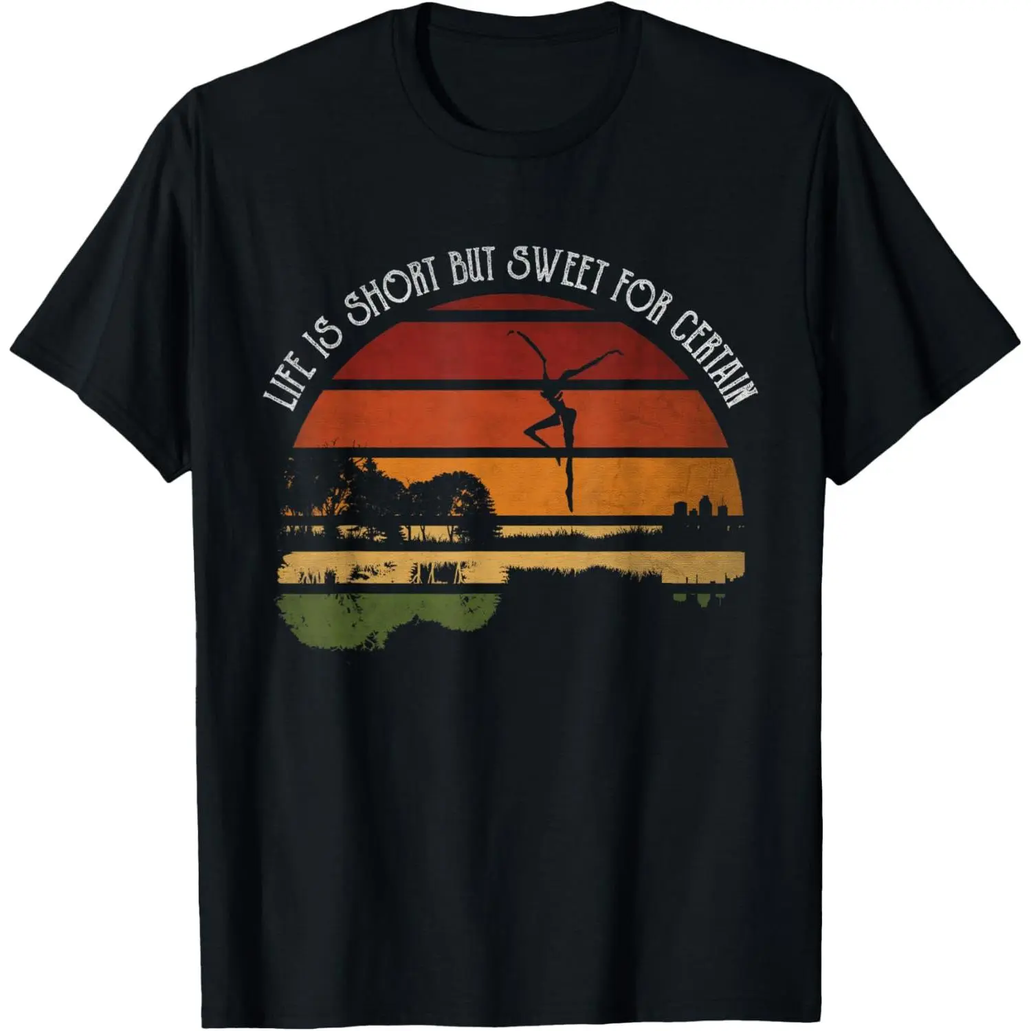 Women's Short-Sleeve Cotton Basic Casual Print T-Shirt - "Life Is Short But Sweet For Certain" Funny Guitars Design, Made in USA, Shortsleeve, Round Neck, Simple, Soft, Straight, Top, Comfortable, Printed, Tops