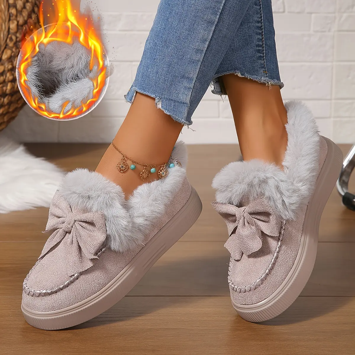 Women's Casual Ankle Booties with Bow Detail - Fluffy Faux Fur Trim, Solid Color Flat Heel Winter Boots, Easy Slip-On Design, Soft Fabric Interior, Lightweight PU Sole, Hand Washable - Taizhou Production Area
