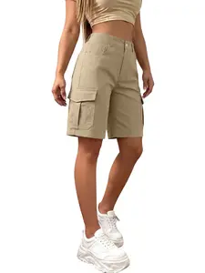 Summer Solid Bermuda Knee-Length cargo shorts, Casual Multi-Pocket Zipper Fly, Loose-Fit Straight Leg, Beach Street Daily Outdoor Hiking Commute Women's Pants