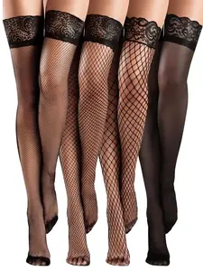Women's High-Top Fishnet Stockings Lace Long Tube Socks Transparent Knee-High Silk Sexy Style 4 Pairs