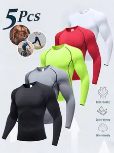 New Summer Men's Athletic Set 5-Piece High-Elasticity Slim-Fit Quick-Drying Breathable Sweat-Wicking Sports Tees Long Sleeve Crew Neck Solid Color Striped Designs Ideal for Casual Outdoor Sports - Menswear